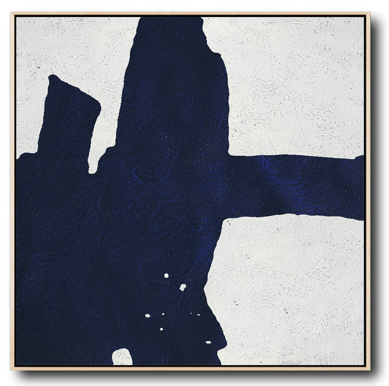 Extra Large 72" Acrylic Painting,Minimalist Navy Blue And White Painting,Huge Wall Decor